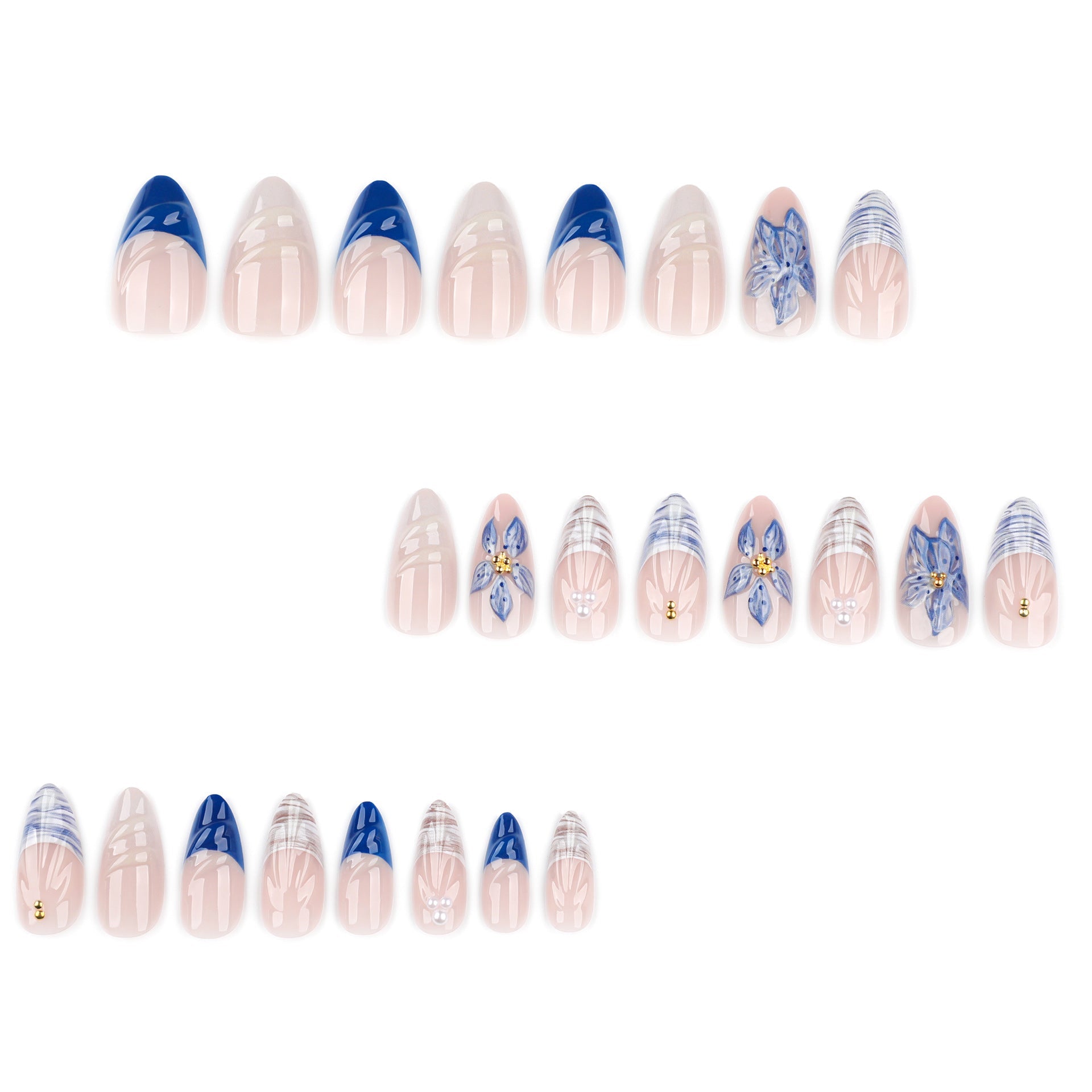 Blue Floral Stiletto Press-On Nails – 3D Art, Summer Beach Vibe, Glossy Finish