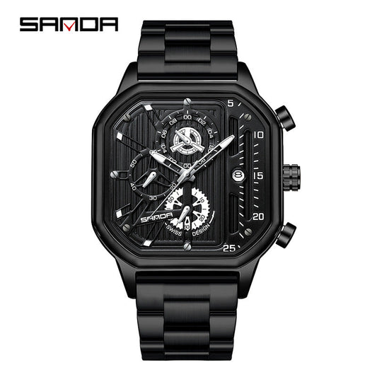 SANDA Men's Stainless Steel Square Quartz Watch – Multifunction Calendar Waterproof Timepiece