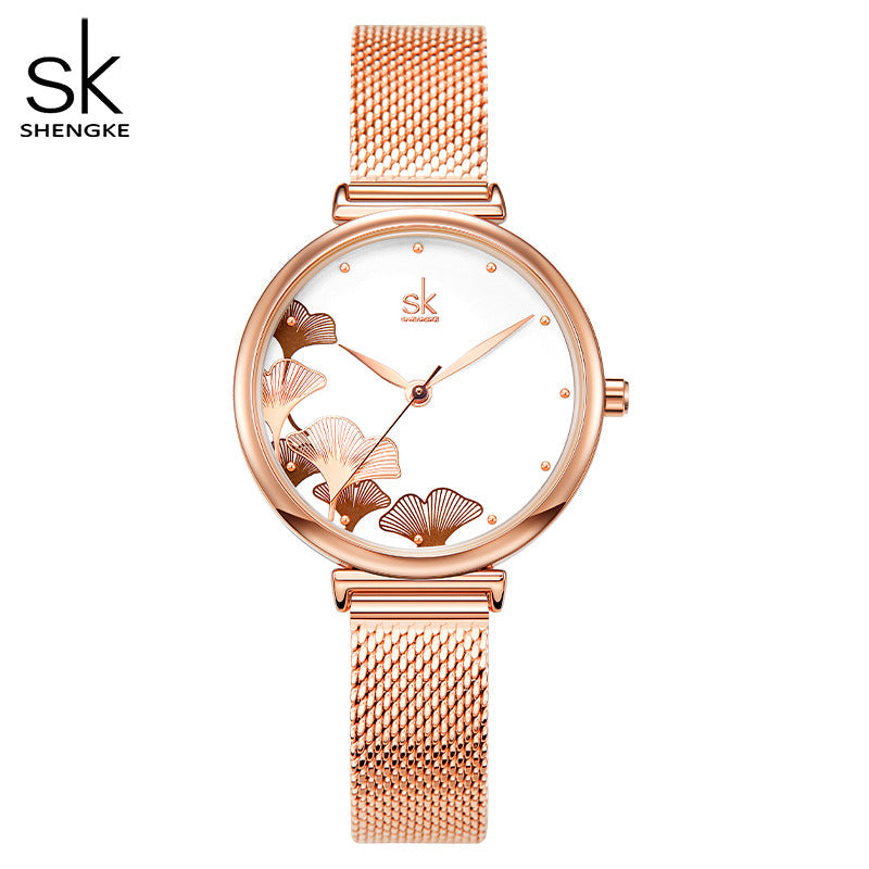 SK Women’s Quartz Watch – Ginkgo Leaf Dial, Steel Mesh & Leather Strap, 30M Waterproof
