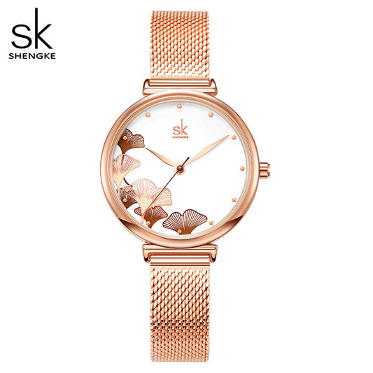 SK Women’s Quartz Watch – Ginkgo Leaf Dial, Steel Mesh & Leather Strap, 30M Waterproof