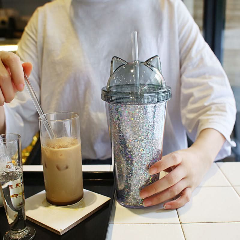 Cute Cat Ear Glitter Straw Cup, 450ml