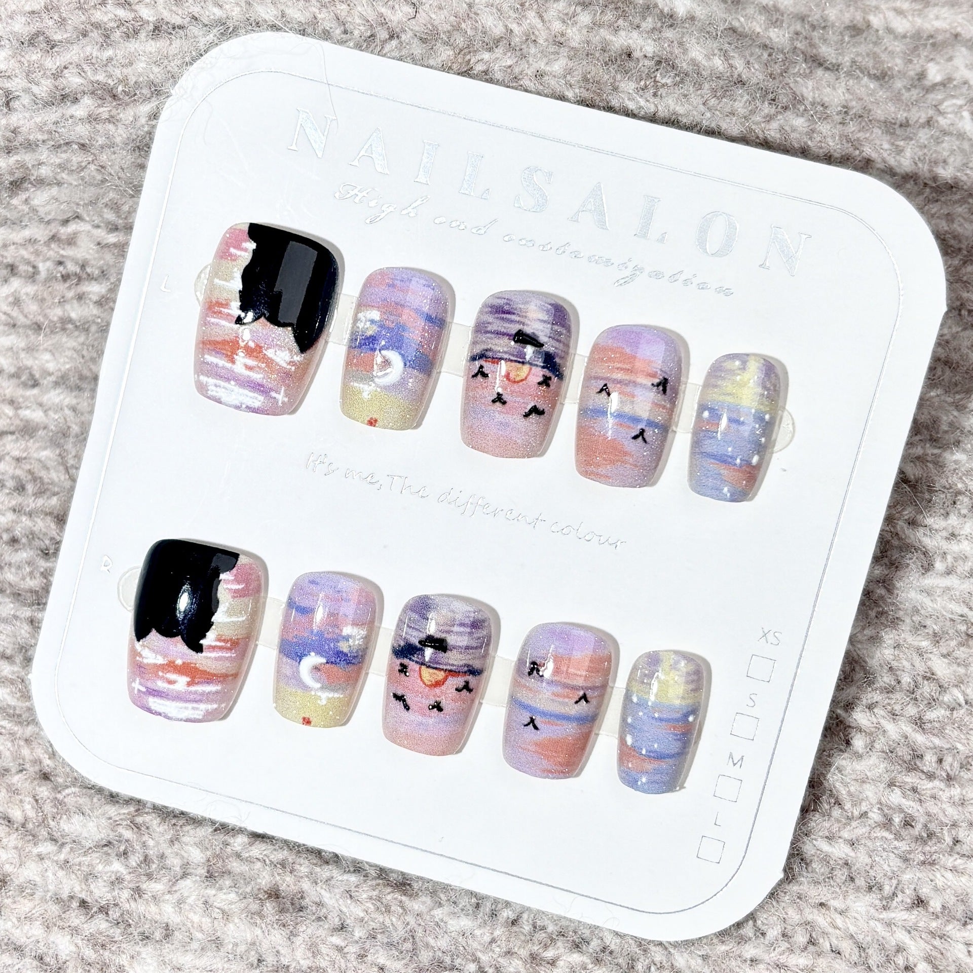 Artistic Sunset Cat Press-On Nails – Oval Gradient Pastel Acrylic Nails