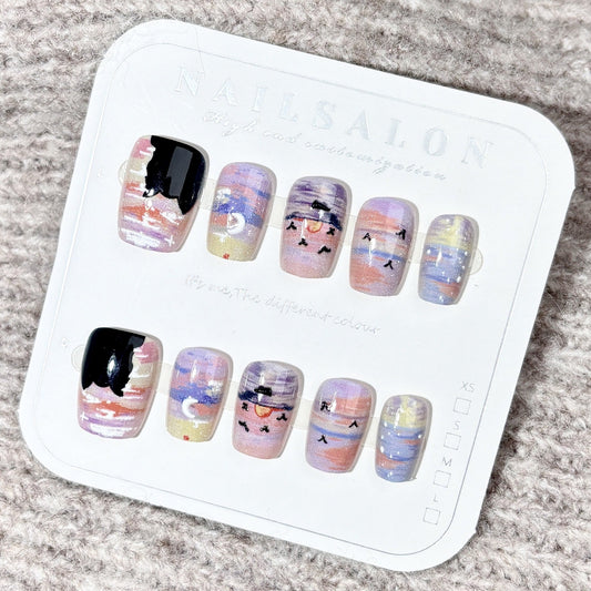 Artistic Sunset Cat Press-On Nails – Oval Gradient Pastel Acrylic Nails