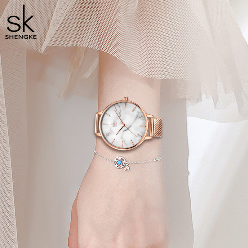 SK Women’s Quartz Watch – Marble Pattern Dial, Thin Strap, 30M Waterproof