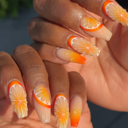 Press-On Nails Orange Ombre Citrus Slice 3D Fruit Design – Glue-On False Nails