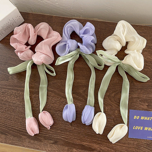 Korean Tulip Hair Scrunchie – Handmade Bow Ponytail Holder, Floral Hair Rope