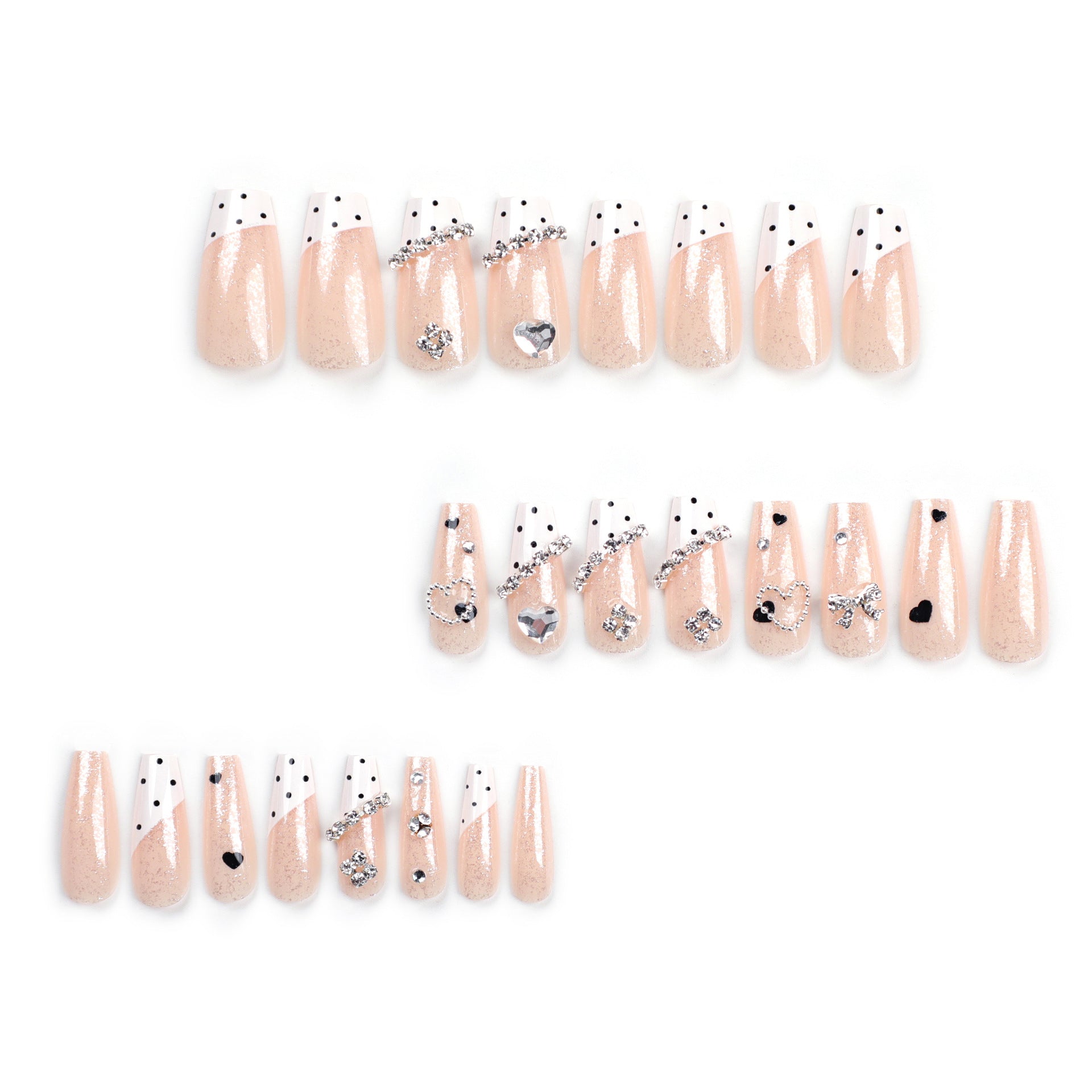 Long Coffin Press-On Nails with Rhinestone Hearts & Polka Dots – Wearable Nail Art