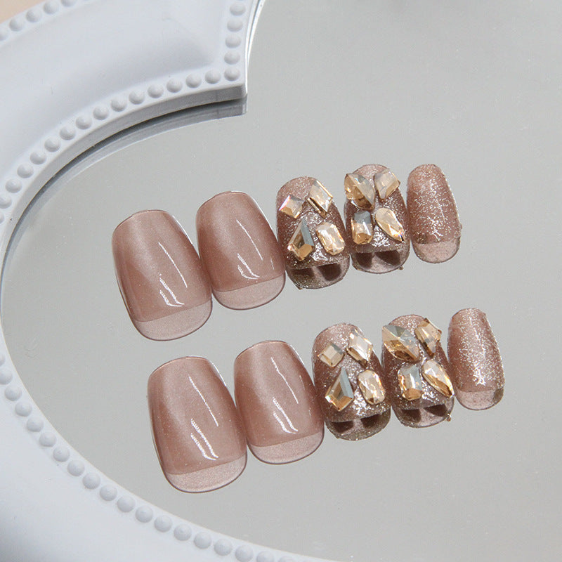Cat Eye Rhinestone False Nails – Short Ballet Style, Glue-On & Detachable Nail Set