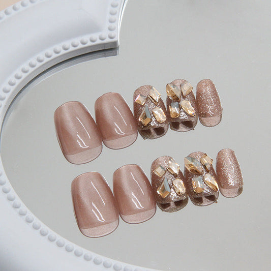 Cat Eye Rhinestone False Nails – Short Ballet Style, Glue-On & Detachable Nail Set