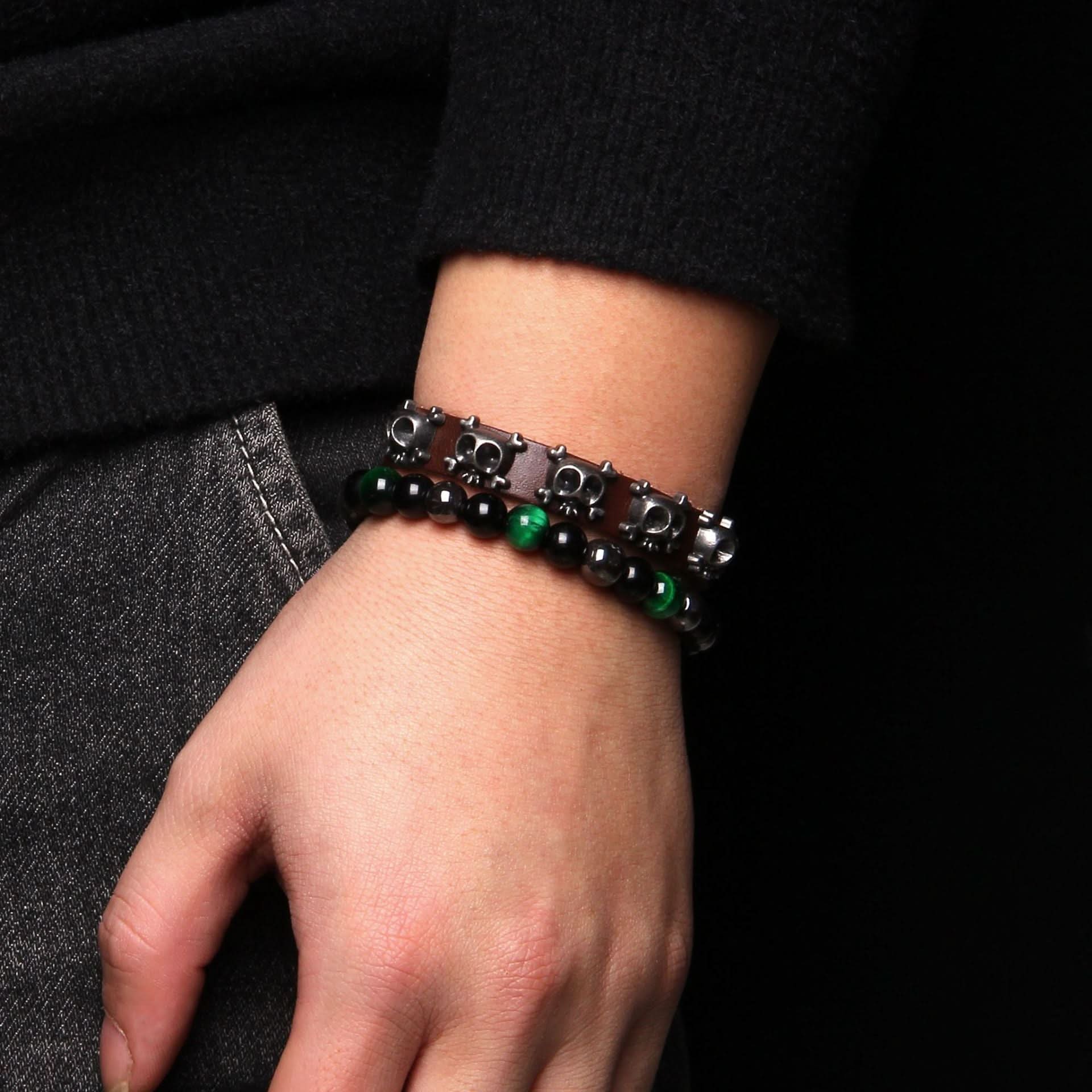 Unisex Tiger Eye & Agate Bead Bracelet – Punk Rock Rivet Design