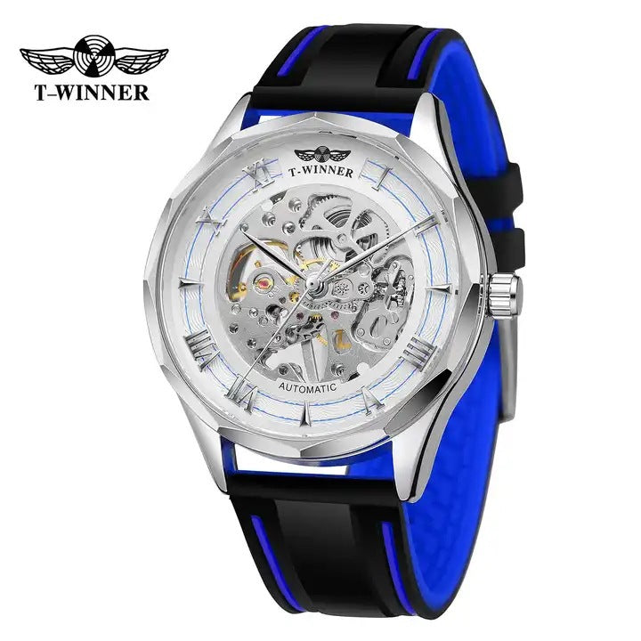 T-Winner Men’s Fashion Round Skeleton Manual Mechanical Watch – Silicone Strap
