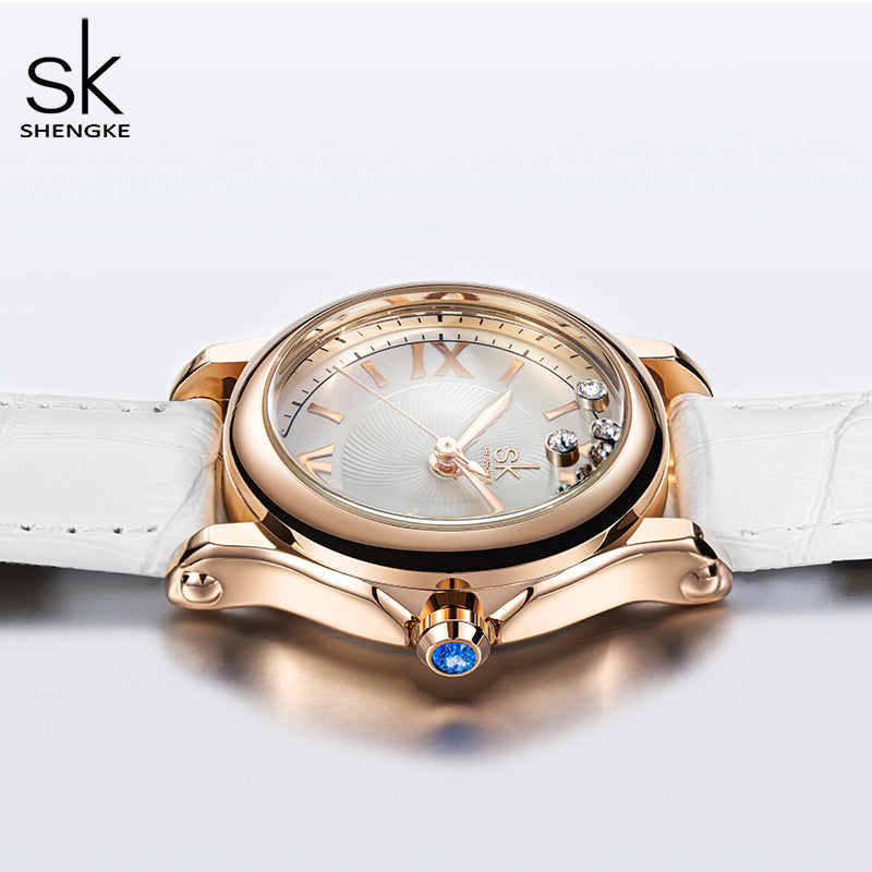 SK Women’s Quartz Watch – Elegant Round Dial, Leather Strap, 30M Waterproof Wristwatch
