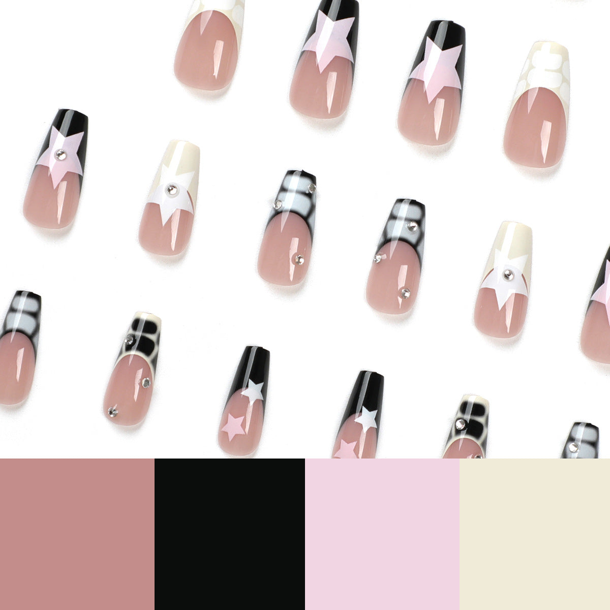 Black Coffin Press‑On Nails with Stars & Bows – Glossy Metallic Acrylic Tips