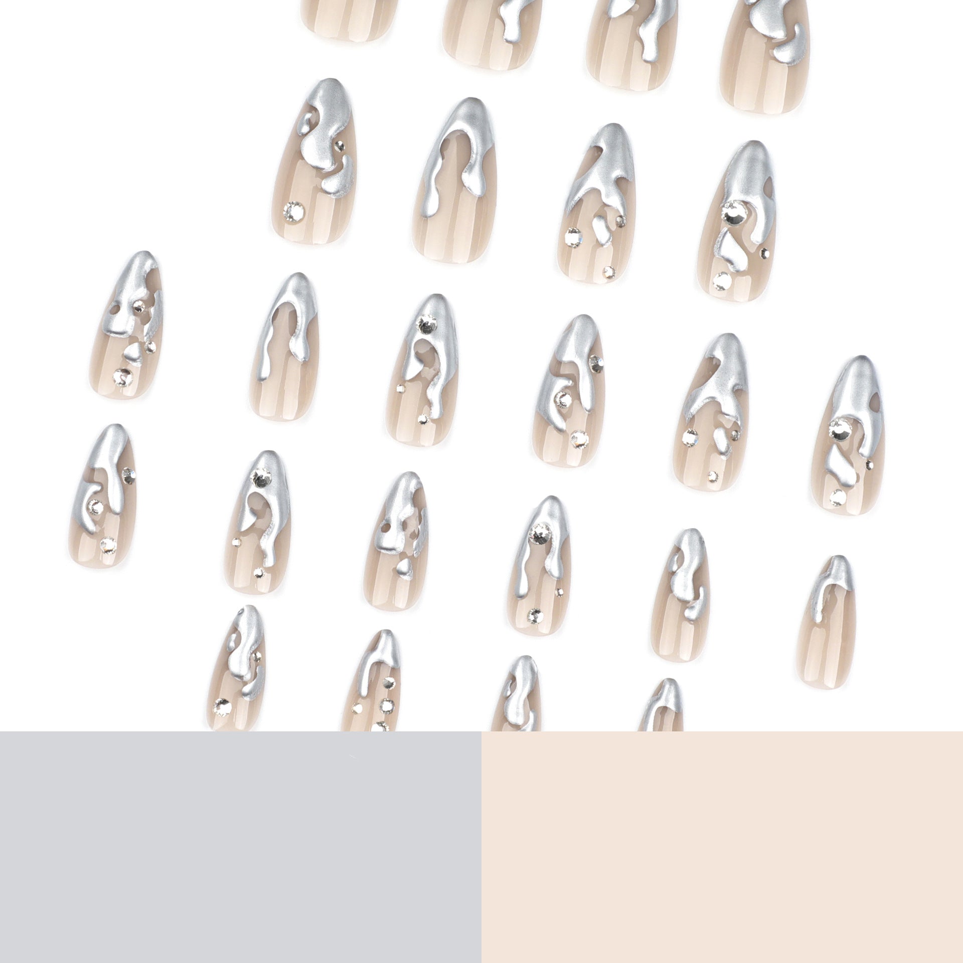 Chrome Almond Press-On Nails with 3D Silver Rhinestones – Long Glue-On Nail Art