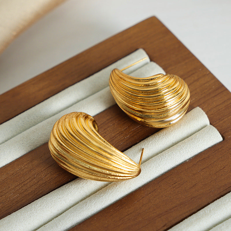Shell Drop Stud Earrings – Vintage Ribbed Design, Titanium Steel Jewelry