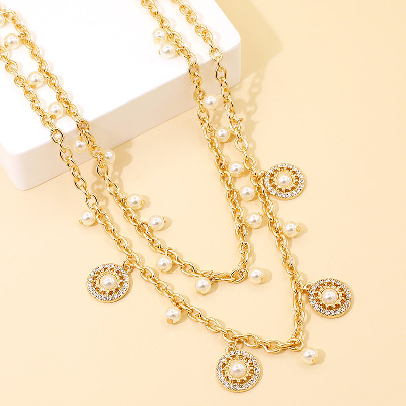 Double Pearl Tassel Necklace – Elegant Gold-Plated Pendant Chain for Women