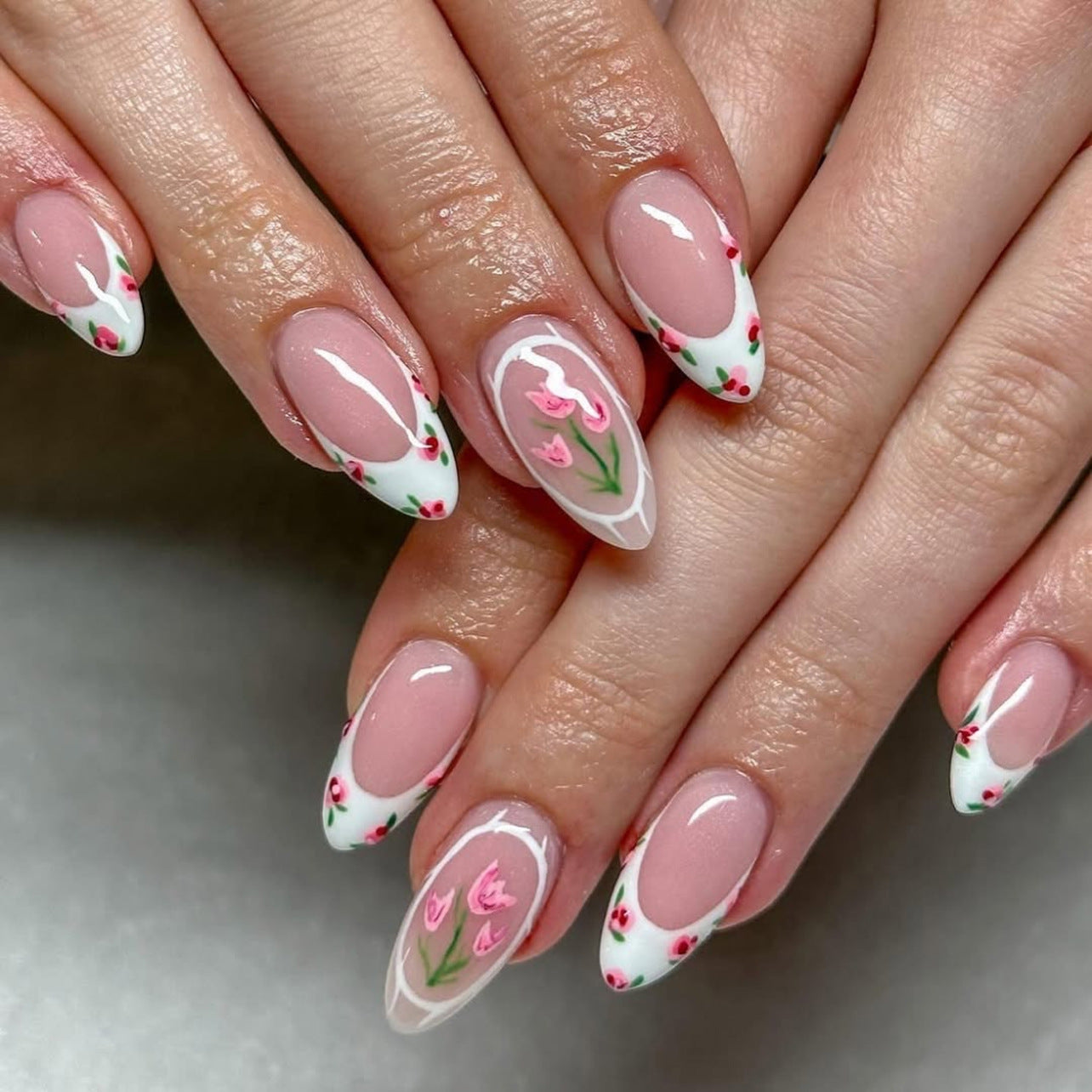 Elegant Floral French Press-On Nails – Long Almond Glue-On Tulip Nail Art
