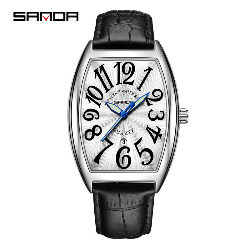 Sanda Men’s Quartz Digital & Analog Watch – Leather Strap Barrel Dial with Calendar