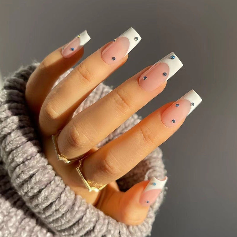 Long White French Press-On Nails with Rhinestones – Wearable Glue-On Nail Tips