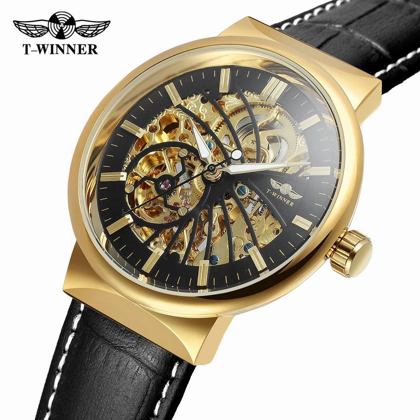 T-WINNER Automatic Mechanical Watch for Men – Waterproof Skeleton Dial Leather Strap