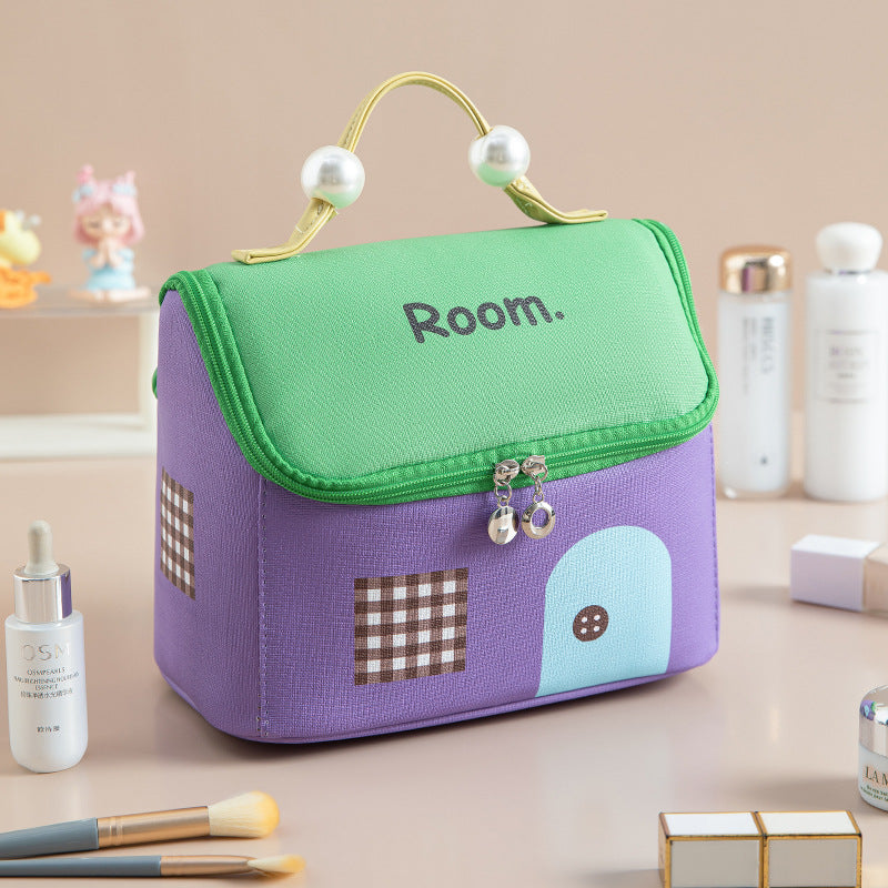 Cute House Cosmetic Bag – Large Capacity Travel Makeup Organizer with Wide Opening