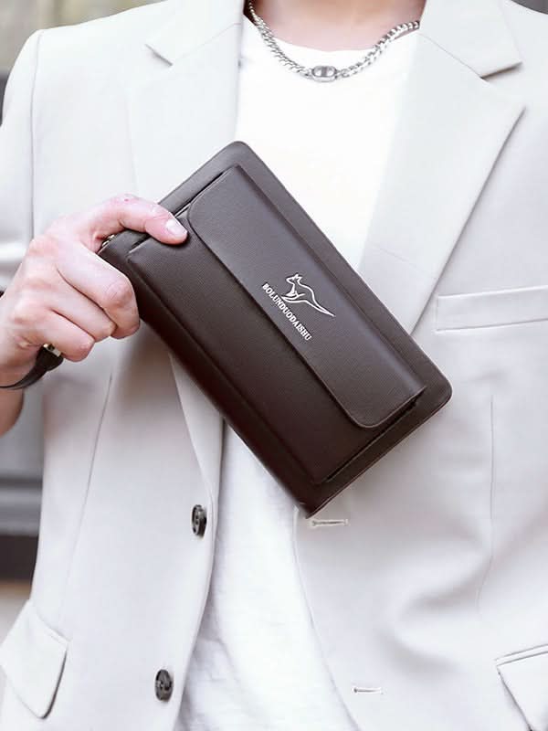 Men’s PU Leather Clutch Bag – Double Zipper Business Handbag with Phone Storage