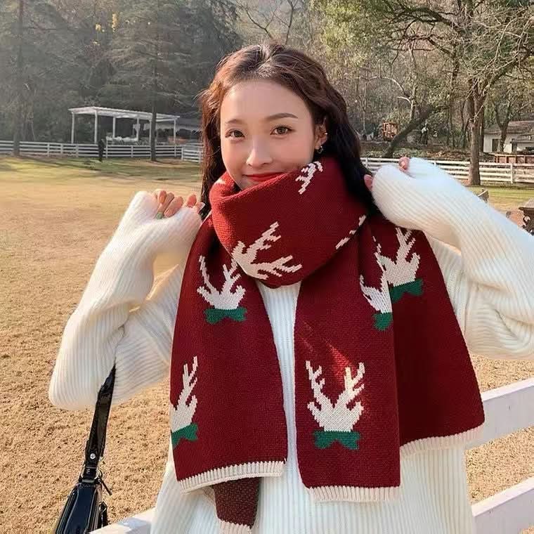 Christmas Elk Knitted Wool Scarf for Women