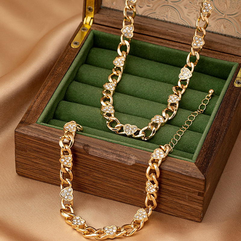 Gold Diamond Heart Necklace and Bracelet Set – Retro Hip-Hop Jewelry for Women