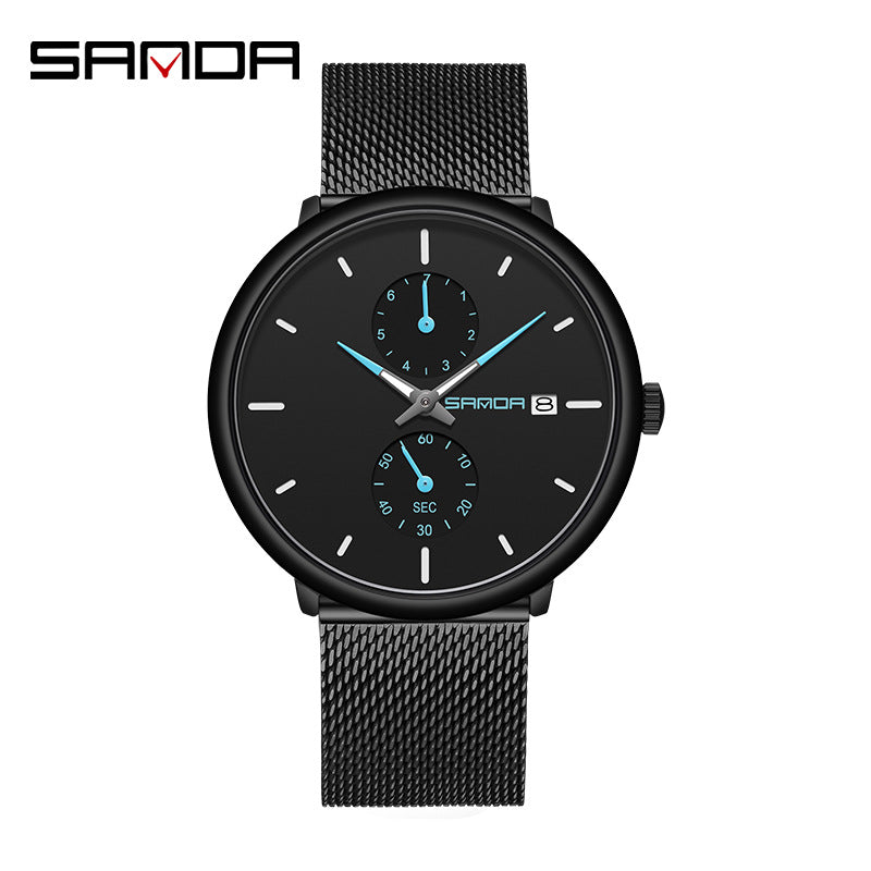 Sanda Men’s Classic Mesh Quartz Watch – Waterproof Luminous Calendar Wristwatch