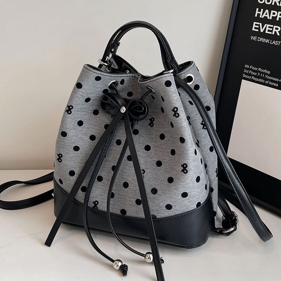 Women’s Canvas Polka Dot Bucket Bag – Drawstring Backpack Bag