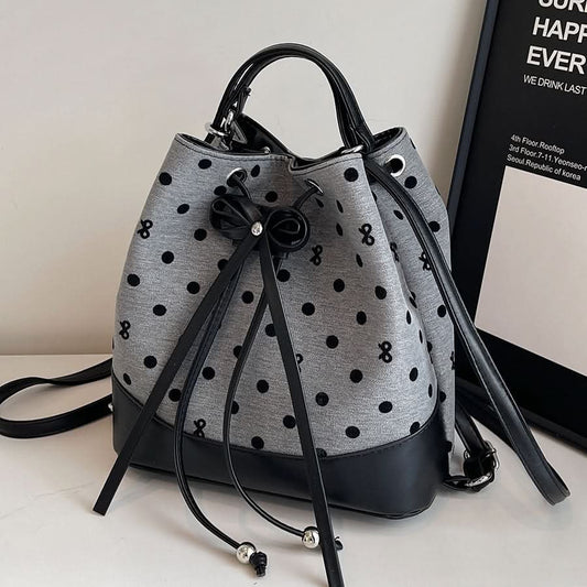 Women’s Canvas Polka Dot Bucket Bag – Drawstring Backpack Bag