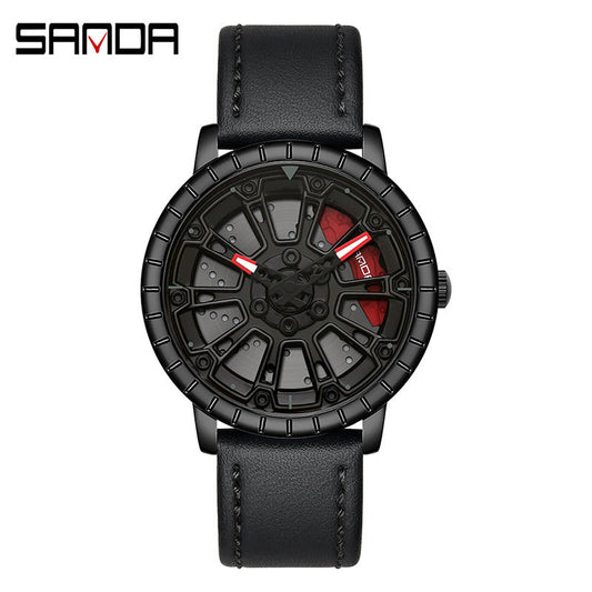 Sanda Men’s Quartz Watch – Hollow Dial, Leather Strap, Waterproof Casual Timepiece