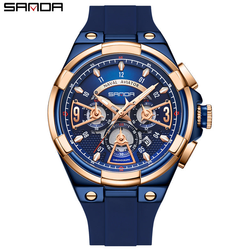 Sanda Men’s Silicone Quartz Watch – Hollow Three-Eye Chronograph, Waterproof Watch