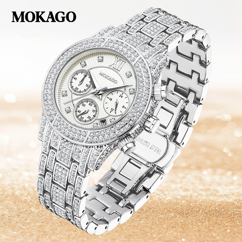 MOKAGO Women’s Luxury Diamond Quartz Watch – Calendar Display, Alloy Strap