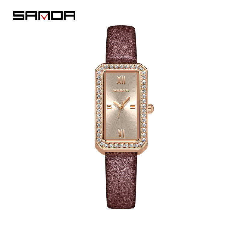 SANDA Women's Quartz Watch – Diamond-Accented Leather Strap, Casual Timepiece