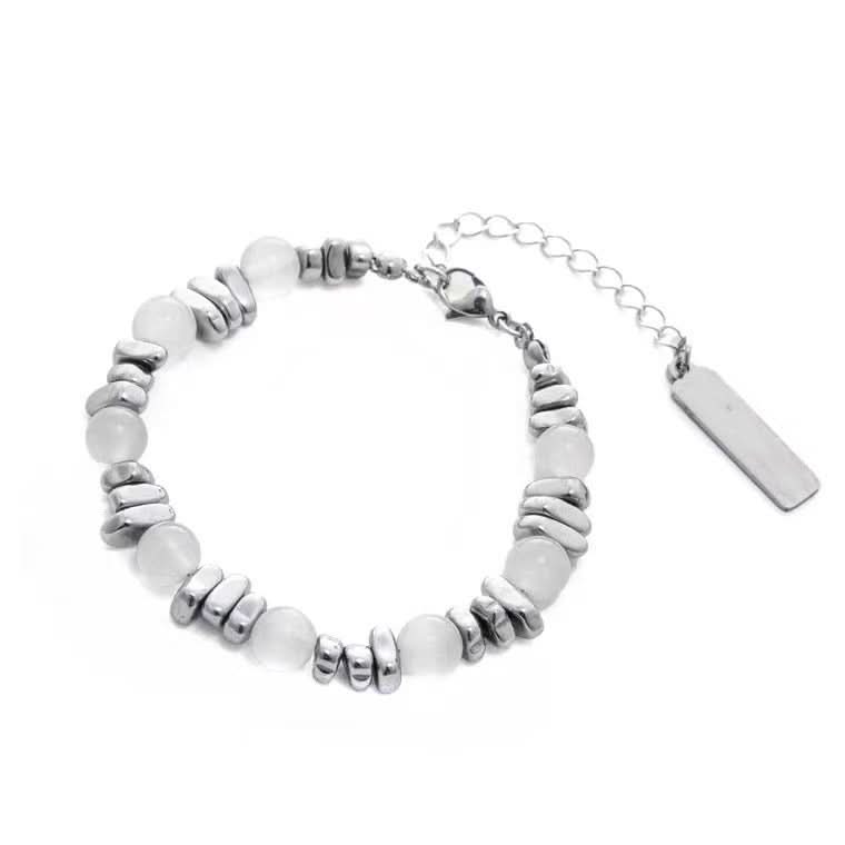 Minimalist Beaded Bracelet – Silver & White Geometric Beads