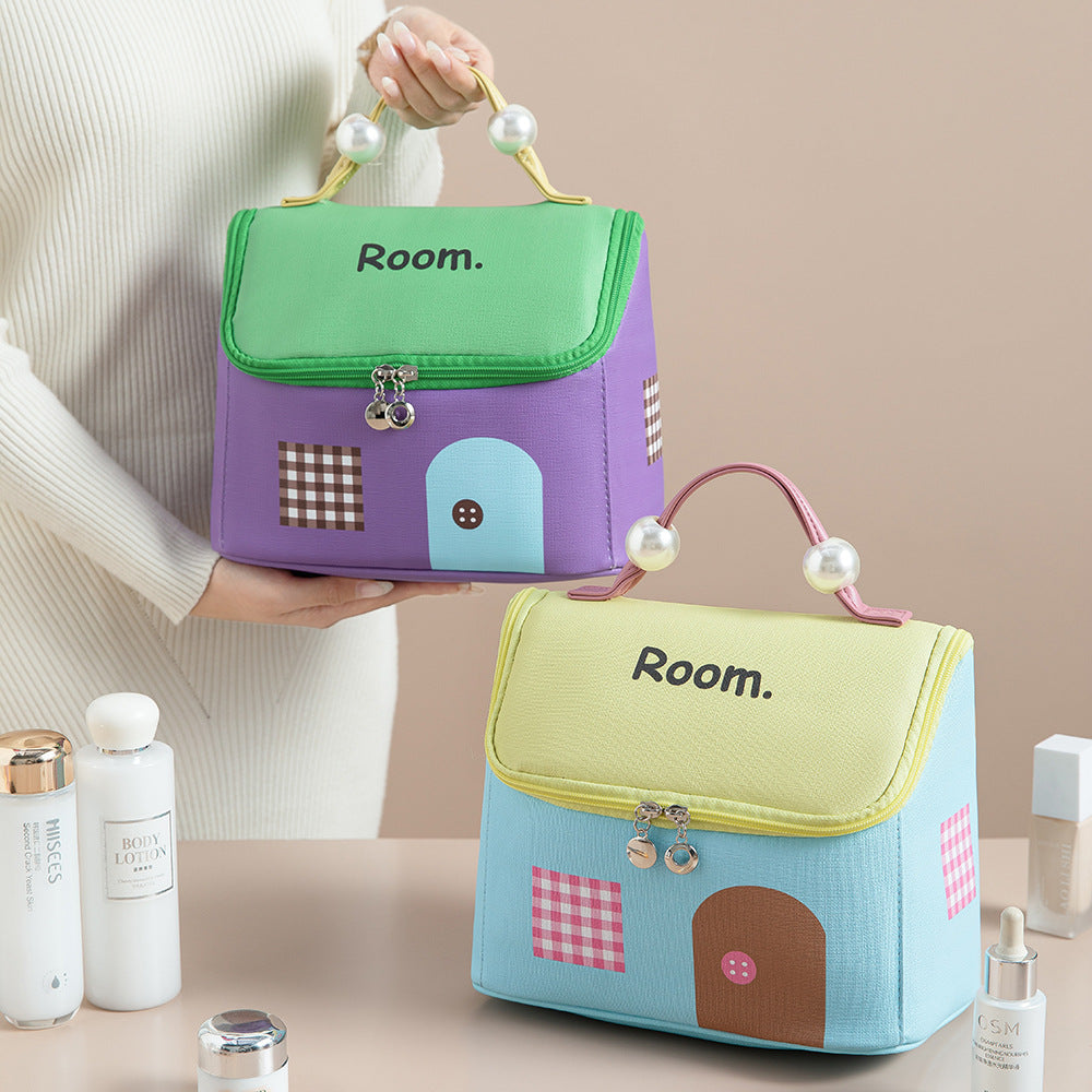Cute House Cosmetic Bag – Large Capacity Travel Makeup Organizer with Wide Opening