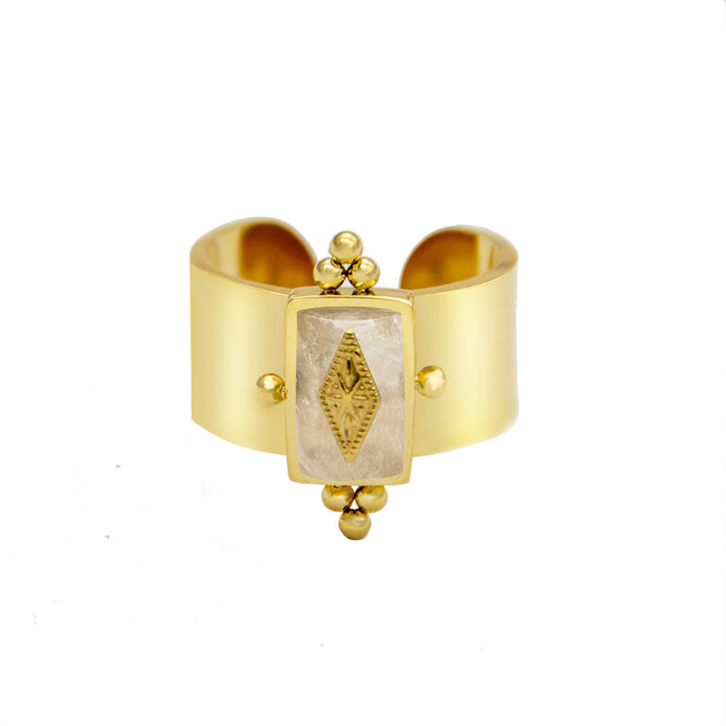 Gold Geometric Stone Ring for Women – Adjustable Retro Titanium Steel Jewelry