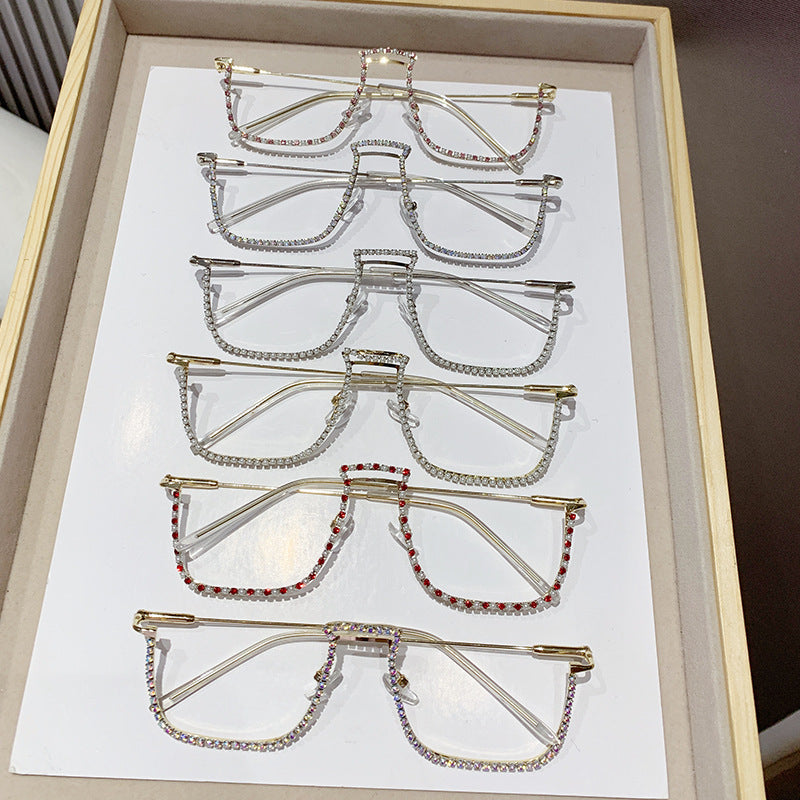 Women’s Rhinestone Decorative Glasses – Half-Frame Trendy Street Style Eyewear