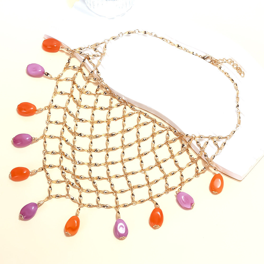 Handmade Ocean Beaded Layered Necklace – Colorful Metal Chain Jewelry for Women