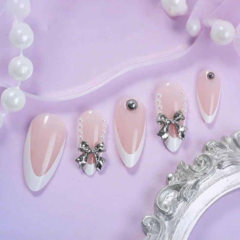 French Tip Press-On Nails – Long Nude Acrylic False Nails with Bow & Rhinestones