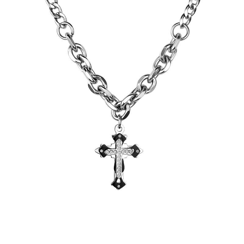 Men’s Hip-Hop Cross Necklace – Titanium Steel, Diamond-Studded Pendant