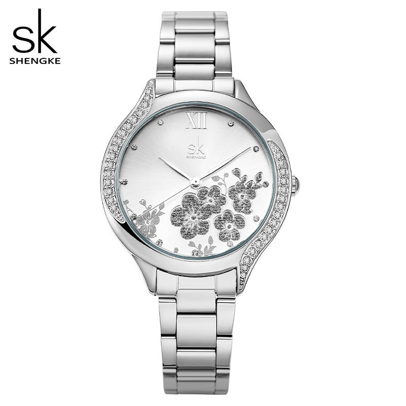 SK Women’s Diamond Quartz Watch – Cherry Blossom Dial, Waterproof Fashion Timepiece
