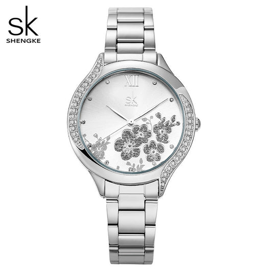 SK Women’s Diamond Quartz Watch – Cherry Blossom Dial, Waterproof Fashion Timepiece