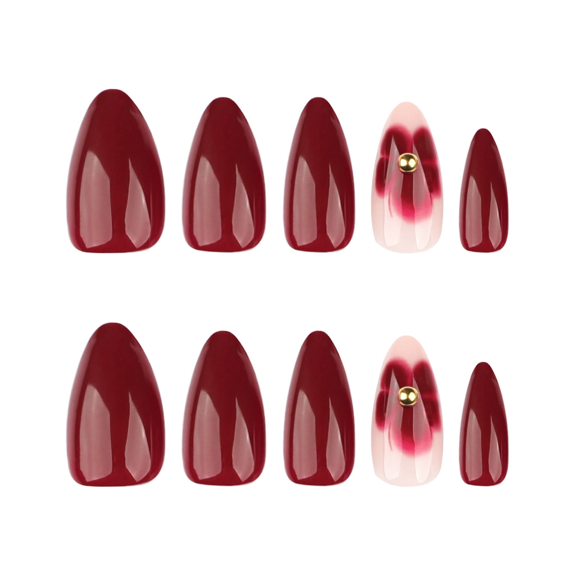 Short Almond Red Press-On Nails – Elegant Floral False Nails
