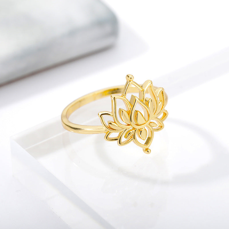 Lotus Flower Ring for Women – Gold & Silver Hollow Brass Band Jewelry