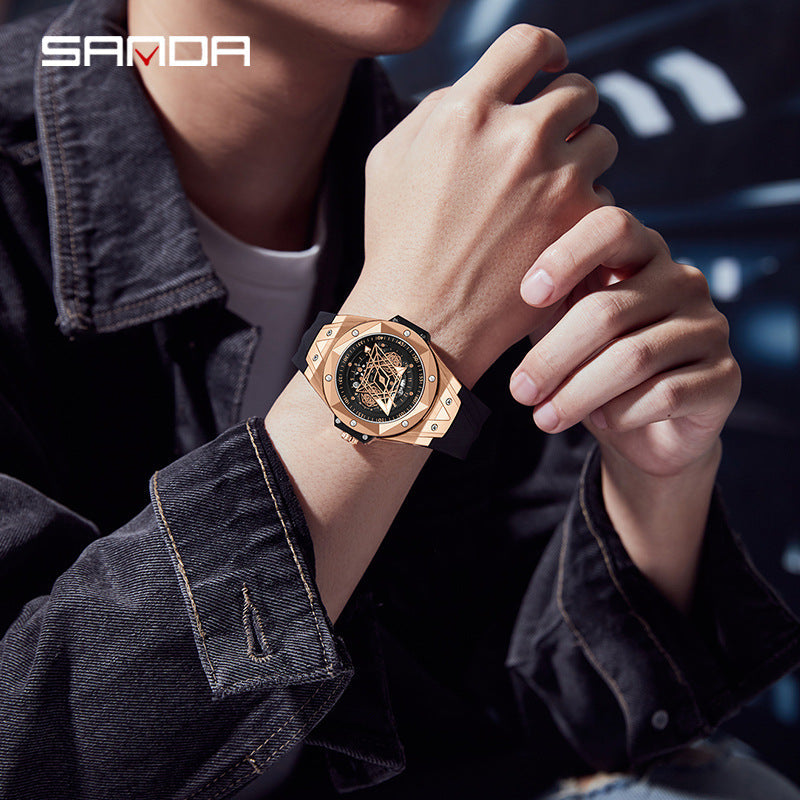 SANDA Luminous Men’s Quartz Watch – Fashion Hollow Dial Silicone Strap Watch