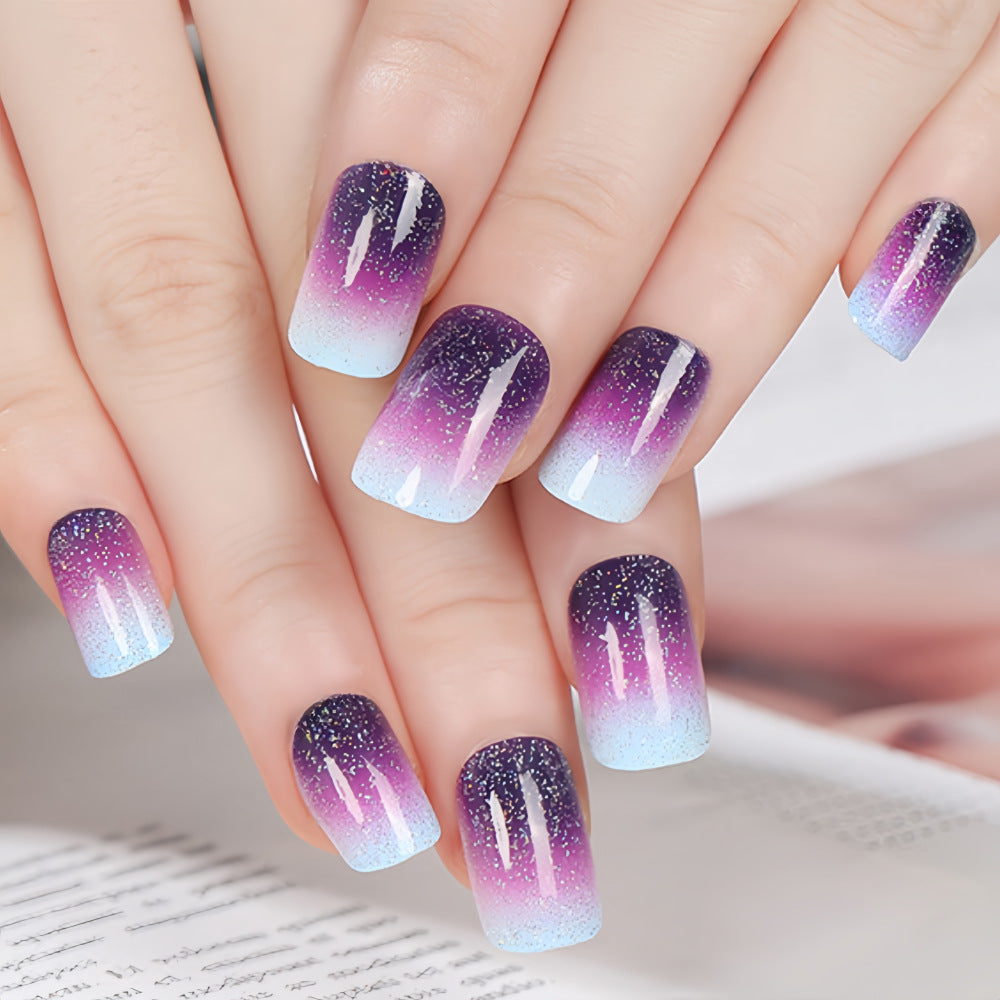 Dreamy Gradient Press-On Nails – Square Acrylic False Nails with Glitter Ombré Shimmer