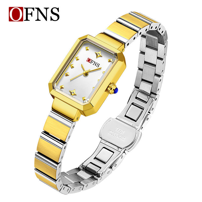 OFNS Women’s Quartz Watch – Retro Rectangular Dial, Stainless Steel Strap Casual Wristwatch
