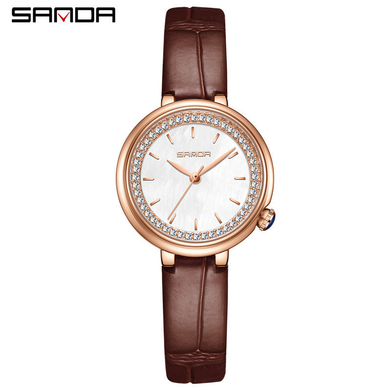 Sanda Women’s Leather Quartz Watch – Diamond Accent Small Dial, Waterproof Analog Watch